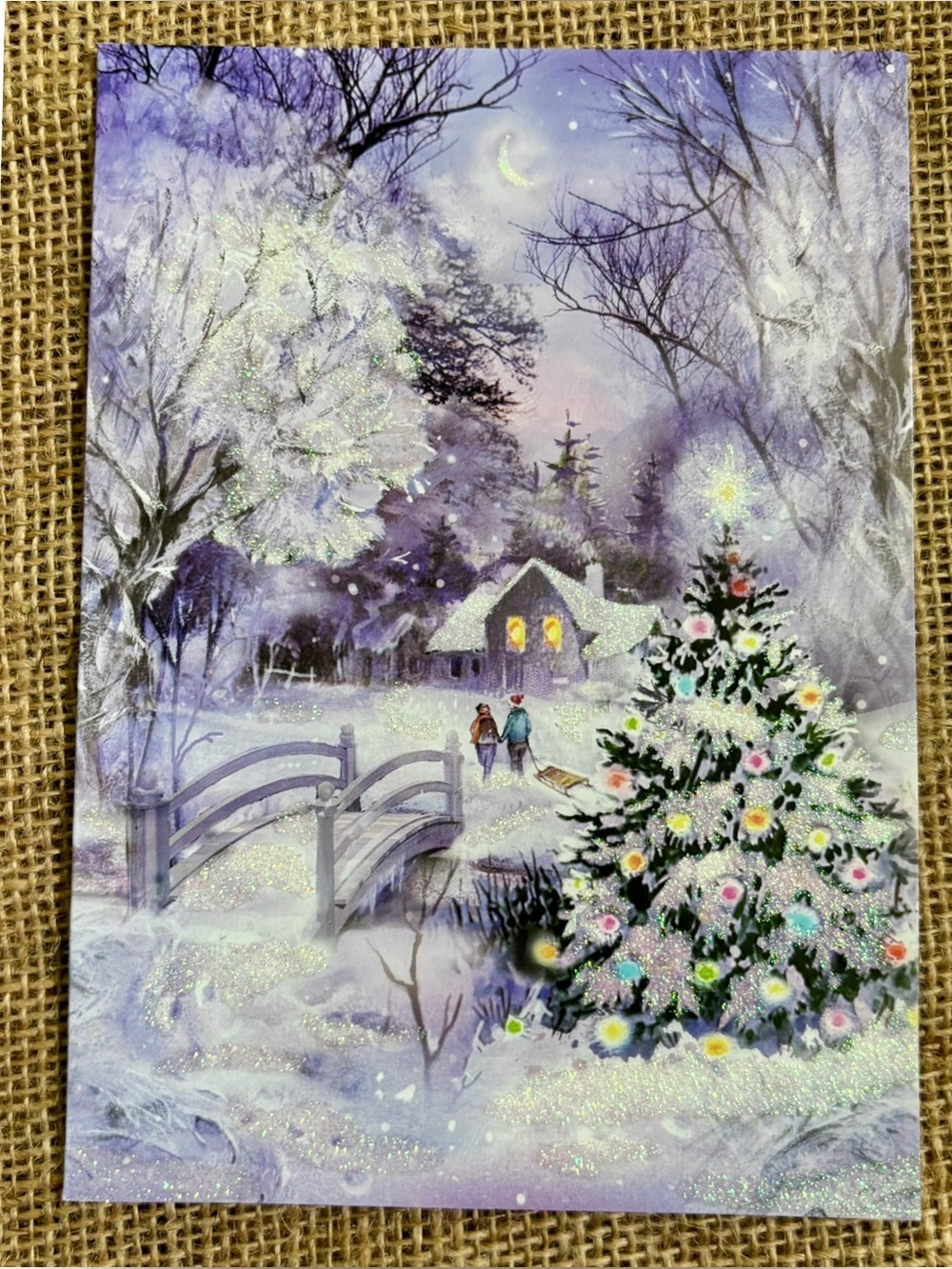 Sparkled Winter Snow Christmas Tree Holiday Card Glitter Pretty Framable